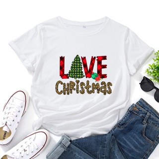 Women Casual Summer T-shirts 100% Cotton Regular Female Short Sleeve Tshirt Christmas Tree Leopard Letter Print O-Neck T