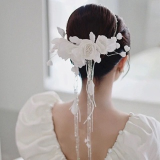 Bride Headdress Satin Pearl Flower Beaded Tassel Hairpin Senior Wedding Styling Accessories