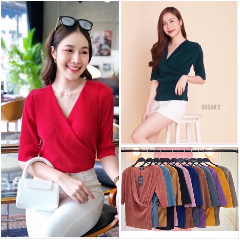 เสื้อพลีท-ทรงไขว้อก-งานสวยใส่ทำงาน-ใส่เที่ยวสบายมาก-ไม่ต้องรีด