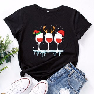 Christmas Hat Glass Wine Women T Shirt Cotton Short Sleeve Graphic Tee Tops Casual Tshirtเสื้อยืดผู้หญิง