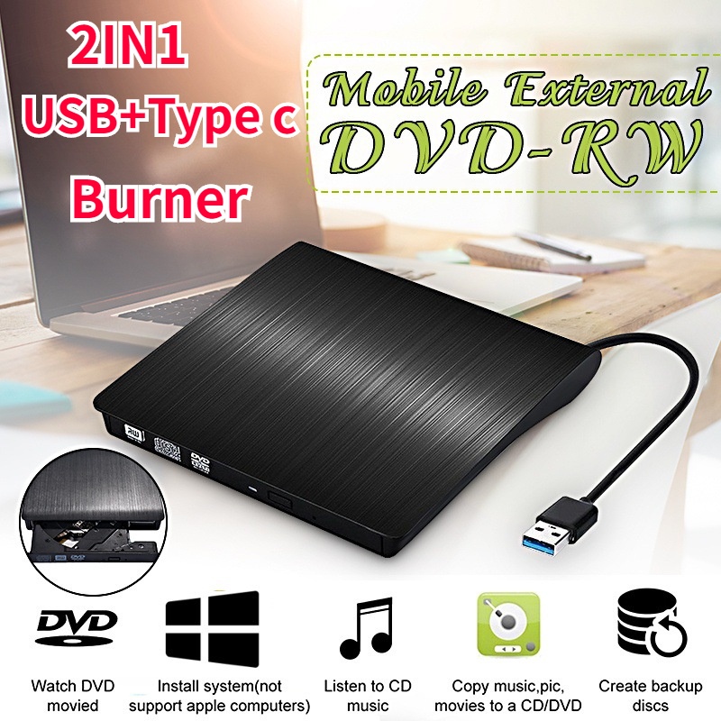 ภาพสินค้าUSB 3.0 DVD-RW Burner/CD/Rewrite/ออปติคัลไดรฟ์แบบพกพาสีดำและสีขาว Ultra Slim External 2in1 USB + Type c จากร้าน lamjad_tha บน Shopee ภาพที่ 2