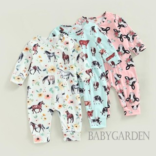 Babygarden- ทารก เด็กผู้หญิง เด็กผู้ชาย รอมเปอร์ ม้า พิมพ์ลายดอกไม้ แขนยาว คอกลม เฉียง ซิป จั๊มสูท ฤดูใบไม้ร่วง บอดี้สูท