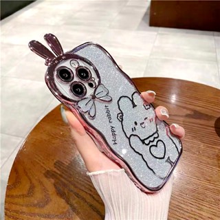 เคสโทรศัพท์มือถือ ชุบไฟฟ้า ป้องกันเลนส์ ลายกระต่าย สีชมพู หรูหรา สําหรับ iPhone 14 13 12 11 Pro Max 11 12 13 14