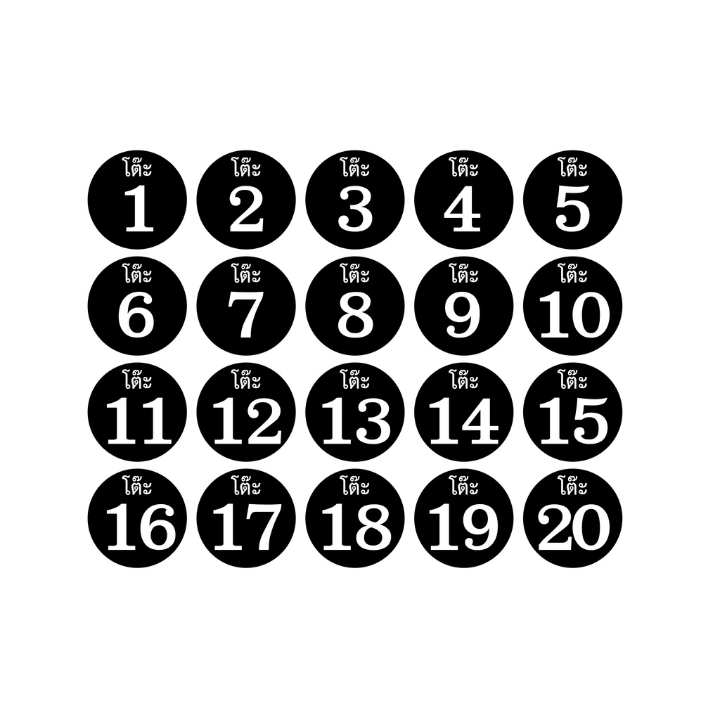 สติ๊กเกอร์เลขโต๊ะ-สติกเกอร-เลขโต๊ะ-โต๊ะ-1-20-ขนาด-4x4ซม-สีดำเลขขาว-1แผ่น-20ดวง-รหัส-e-069