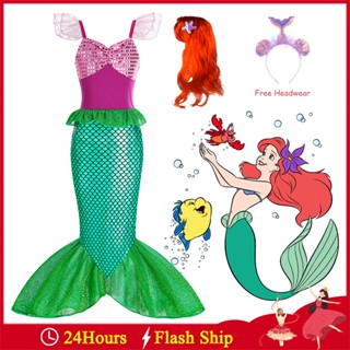 Airel Little Mermaid ชุดเดรสเจ้าหญิง แขนกุด ผ้าตาข่าย ปักเลื่อม พร้อมวิกผม สําหรับเด็กผู้หญิง เหมาะกับงานปาร์ตี้ ฮาโลวีน ของขวัญวันเกิด