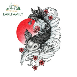 Earlfamily สติกเกอร์ไวนิล ลายกราฟฟิตี้ ดวงจันทร์ ปลาคาร์พ สีแดง สไตล์ญี่ปุ่น สําหรับติดตกแต่งเครื่องปรับอากาศรถยนต์ 13 ซม. x 9.1 ซม.