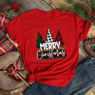 [Ready Stock] Merry Christmas Plaid Chriatmas Tree Snow Print Women T-shirt 2022 New Year Clothingเสื้อยืดผู้หญิง