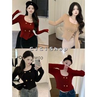 สินค้า Cicishop (M548) Knit Top เสื้อไหมพรมแขนยาวคอกว้าง  ผ้าทอร่องแต่งกระดุมทองเก๋ๆ ทรงสวยใส่แมตช์ง่าย