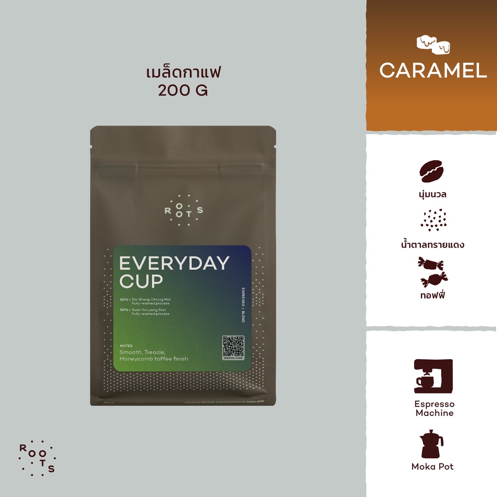 ภาพหน้าปกสินค้าRoots Coffee เมล็ดกาแฟ Everyday Cup Blend ขนาด 200g คั่วระดับกลางเกือบเข้มเหมาะสำหรับชงด้วยเครื่อง Espresso และ Moka Pot จากร้าน rootscoffee บน Shopee