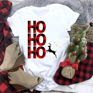 Mashoo  Clothing Fashion Womens Plaid Letter Deer Trend Print Top Merry Christmas Short Sleeve Tee Happy New Year  xmas