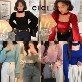 Cici(NO.A402)เสื้อไหมพรมแขนยาว ผ้าร่องคอเหลี่ยมแต่งสายคล้องคอแบบสไตล์โคเรียๆ