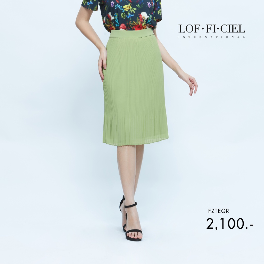 lofficiel-กระโปรงระดับมาตรฐาน-pleat-skirt-สีเขียวอ่อน-fztegr