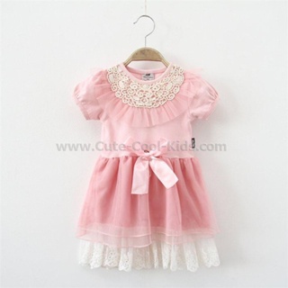 Dress-326 ชุดกระโปรงเด็กหญิง สีชมพู ลูกไม้ สีชมพู Size-120 (5-6Y)