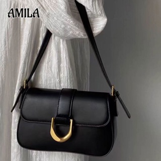 AMILA ใหม่แฟชั่นกระเป๋าสะพายระดับไฮเอนด์ของฝรั่งเศสสีทึบวัสดุ PU กระเป๋าทรงบาแก็ตต์ย้อนยุคสบาย ๆ กระเป๋าสะพายไหล่ทุกแบบ