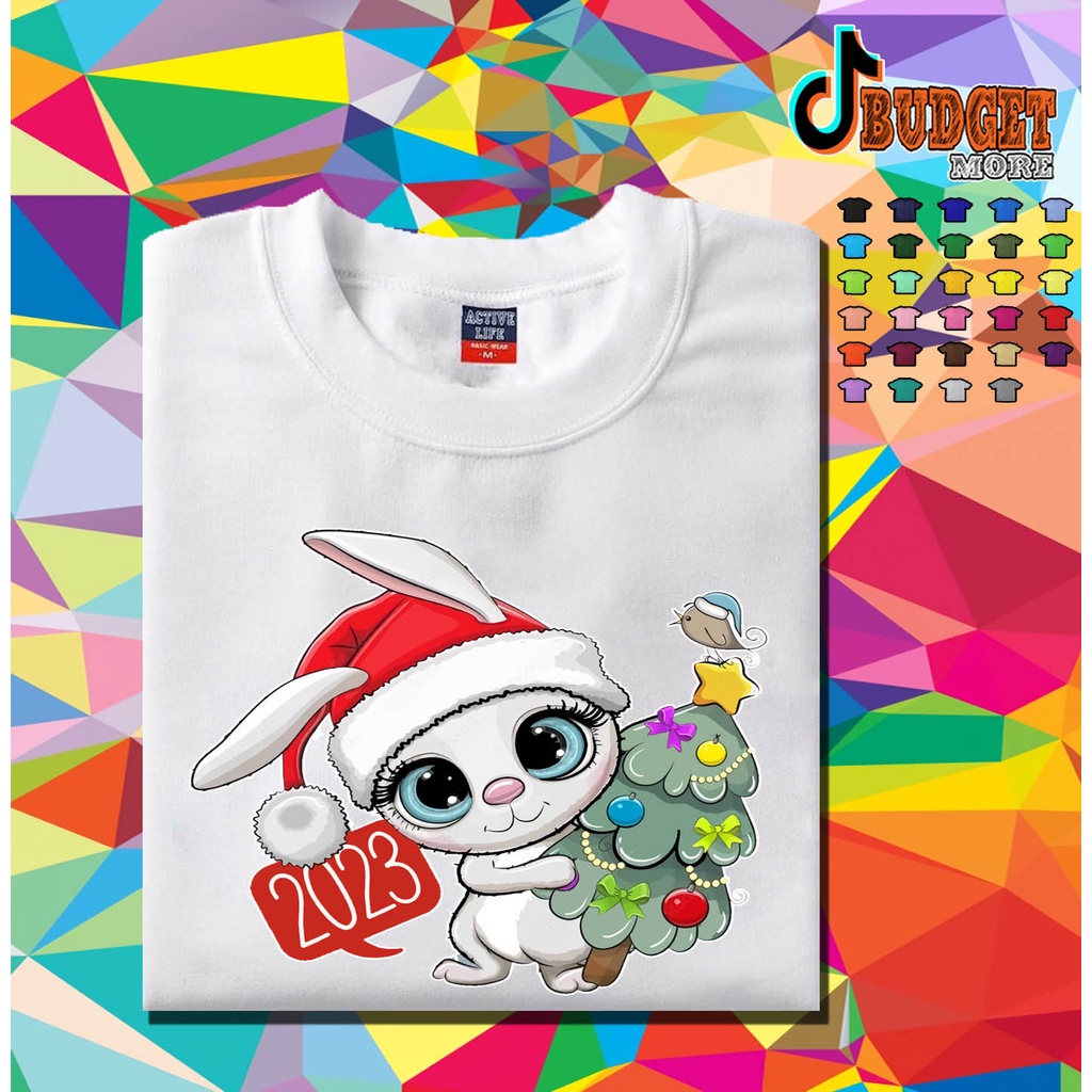 2023-happy-new-year-rabbit-tree-t-shirts-and-prints-for-men-women-and-kids-simple-design-t-shirtsเสื้อยืด