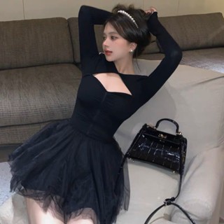 Ann.Fashion ชุดเดรสกระโปรงสั้นซีทรู แขนยาว แต่งเว้าตรงอก ผ้ายืด ผ้านิ่ม น่ารัก เซ็กซี่ #9312