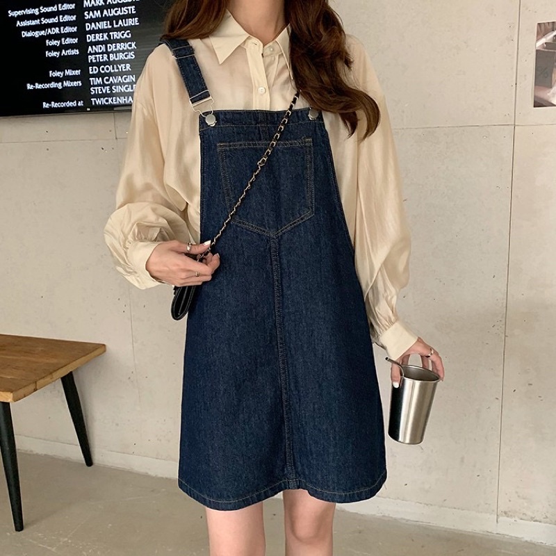 many-jeans-dress-overalls-เอี๊ยมกระโปรงยีนส์สั้นสียีนส์เข้ม