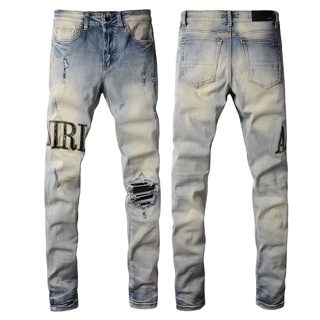 สินค้า [พร้อมส่ง] ​AMIRI MX1 leather patch jeans washed ripped Strech Slim Fit Men Jean ยีนส์ Amiri