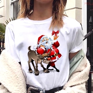 Harajuku Christmas Deer Women T Shirt Kawaii Santa Claus Printed Tshirt Women Loose Funny Tops Tee Shirt Femmeเสื้อยืดผู