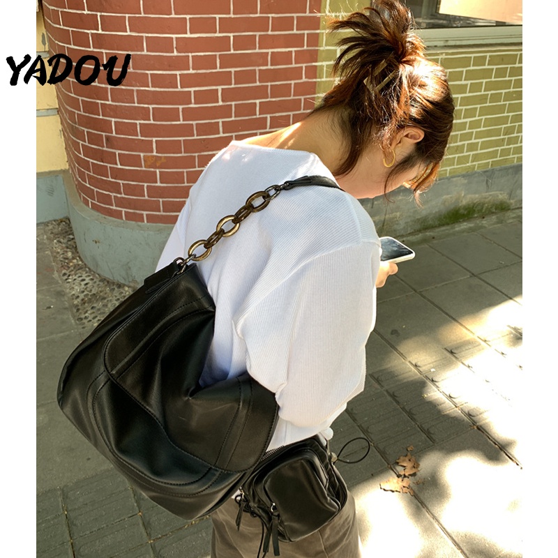 yadou-กระเป๋าสะพายข้างผู้หญิง-ใหม่-กระเป๋าหนังดีสไตล์เกาหลี-ความจุสูง-สีดำฝาพับ-สายโซ่