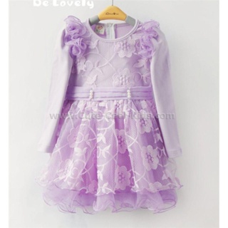 Dress-552 ชุดกระโปรงเด็กหญิงสีม่วงประดับดอกไม้ Size-100 (3-4Y)