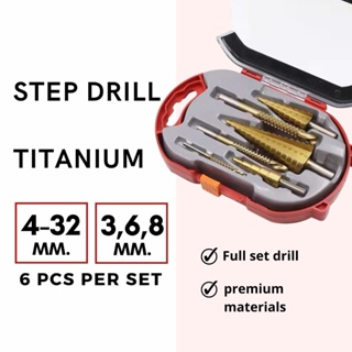 สินค้า ดอกสเต็ป ทรงเจดีย์ เจาะขยาย คว้านรู ขนาด 4-32 มม. Step Drill Titanium Size 4-32mm. 3 Pcs.Set / 6 Pcs.Set