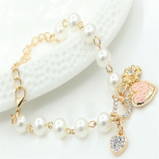 [B_398] Women Fashion Love Heart D Letter Rhinestone Pearl Chain Bracelet for Banquet Party