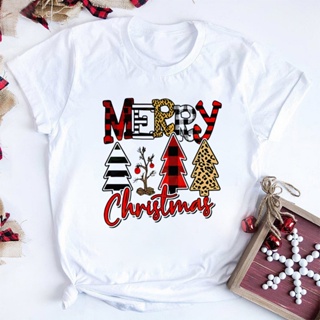 [Ready Stock] Merry Christmas Women New Year Holiday Tee Shirt White Short Sleeve Tops Female Clothingเสื้อยืดผู้หญิง