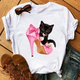 Cute Cat In Red High-heeled Printed Women T Shirts Casual Short Sleeve O-neck T-shirt Christmas Tshirts Topsเสื้อยืดผู้ห