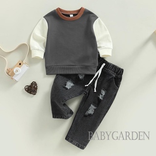 Babygarden-6 เดือน -3 ปี ชุดเสื้อผ้าเด็กผู้ชาย แขนยาว คอกลม สีปะ + กางเกงยีน แบบผูกเชือก