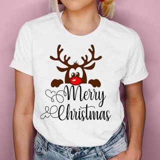 New Year Christmas Graphic T Shirt Women Animal Cute Short Sleeve Tops Tees Cartoon Tshirtเสื้อยืดผู้หญิง