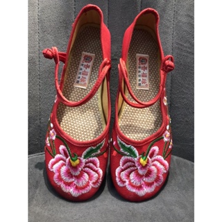 รองเท้าผ้าใบงานปักสไตล์จีน สำหรับผู้หญิง +_POIUHYG (สีแดง)