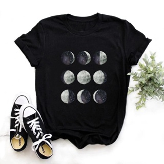 2022 Fashion Moon Phase Print T Shirt Women Black Shirts Casual Round Neck Short Sleeved T-Shirt Summer Tees Casual Top