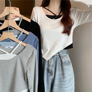 (พร้อมส่ง) เซตเสื้อ2ชิ้น  เสื้อยืดแขนยาว+สายเดี่ยว เสื้อแฟชั่นผู้หญิง