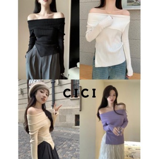 Cici(NO.98117)เสื้อไหมพรม ปาดไหล่แขนยาว สีเบสิค ดีเทลผ่าปลายทรงสวยใส่แล้วดูดีมีราคาสุด