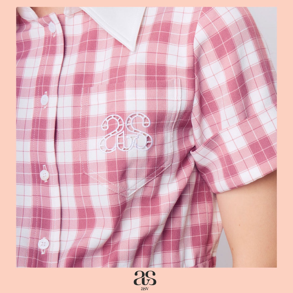 asv-aw22-gia-plaid-checked-blouse-เสื้อเชิ้ตผู้หญิง-กระเป๋าคู่ด้านหน้า-แขนสั้น-ลายตาราง