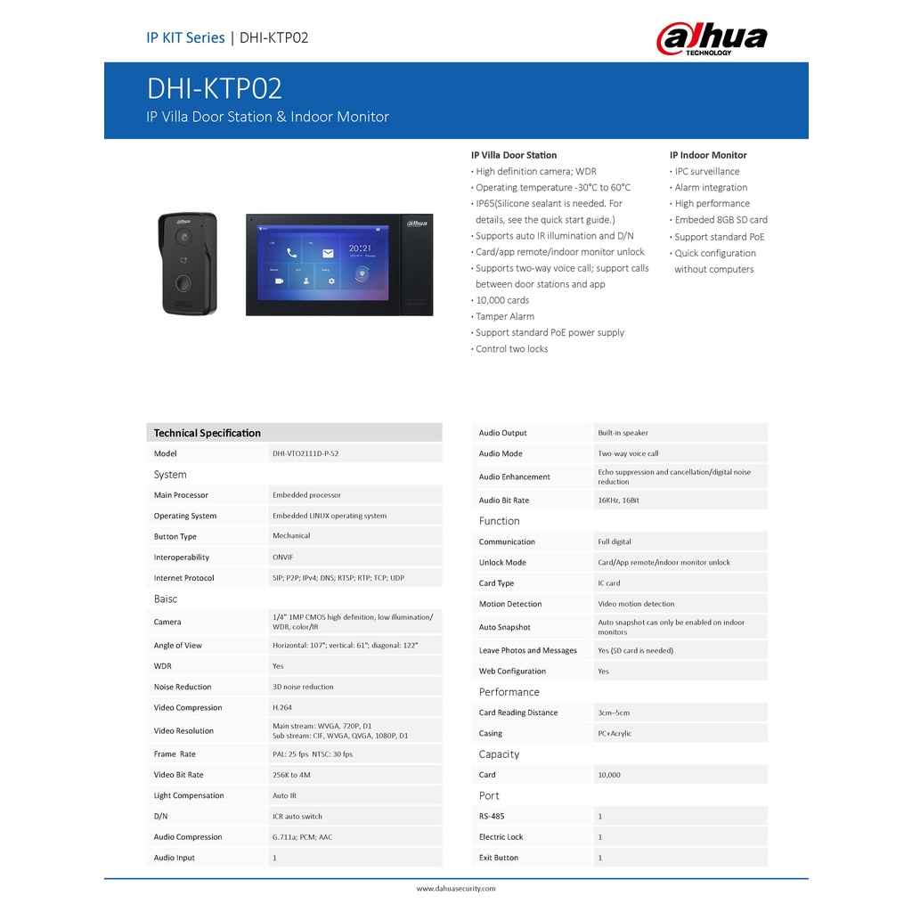 [ชุดเซ็ท] DHI-KTP02 Dahua ระบบVideo Intercom, กล้อง1MP + จอ Indoor ...