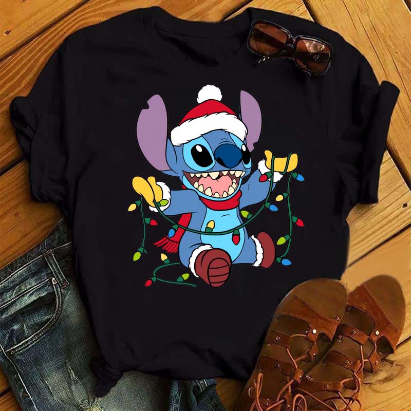 เสื้อยืด-พิมพ์ลายการ์ตูนคริสต์มาส-lilo-stitch-kawaii-แบบตลกเสื้อคู่รัก