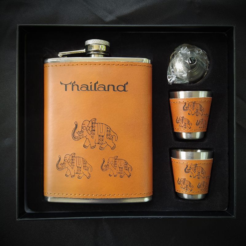 ขวดสแตนเลส-หุ้มหนัง-pu-ลายช้าง-thailand-ขนาด-8-ออนซ์-ขวดบรรจุเครื่องดื่ม-ชุดของขวัญ-ส่งจากกรุงเทพ