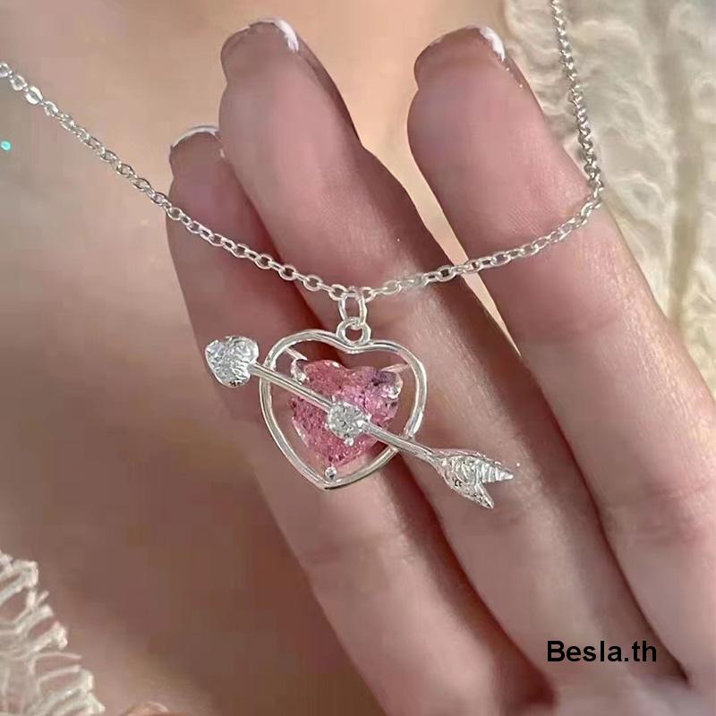 เครื่องประดับ-สร้อยคอ-สร้อยข้อมือ-จี้รูปลูกศร-หัวใจ-ประดับคริสตัล-สีชมพู-แฟชั่นสําหรับผู้หญิง