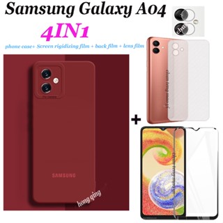 (4 In 1) เคสโทรศัพท์มือถือ ซิลิโคนนุ่ม สีแคนดี้ พร้อมกระจกนิรภัย ฟิล์มเลนส์ ฟิล์มด้านหลัง สําหรับ Samsung Galaxy A04 A05 A05S A04S A73 5G A53 5G A33 5G A03 A03S A23 A12 A02S