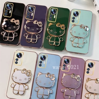 2022 New Casing Xiaomi 12 12T 11T Pro 12Lite Mi 11 Lite NE 5G เคส Phone Case Cute Cartoon Hello-Kitty Candy Plating Back Cover with Portable Make-up Mirror Stand Soft Case เคสโทรศัพท