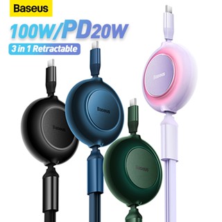 Baseus 3 in 1 สายเคเบิล USB C ยืดหดได้ สายชาร์จเร็ว 100W USB Type C Cable