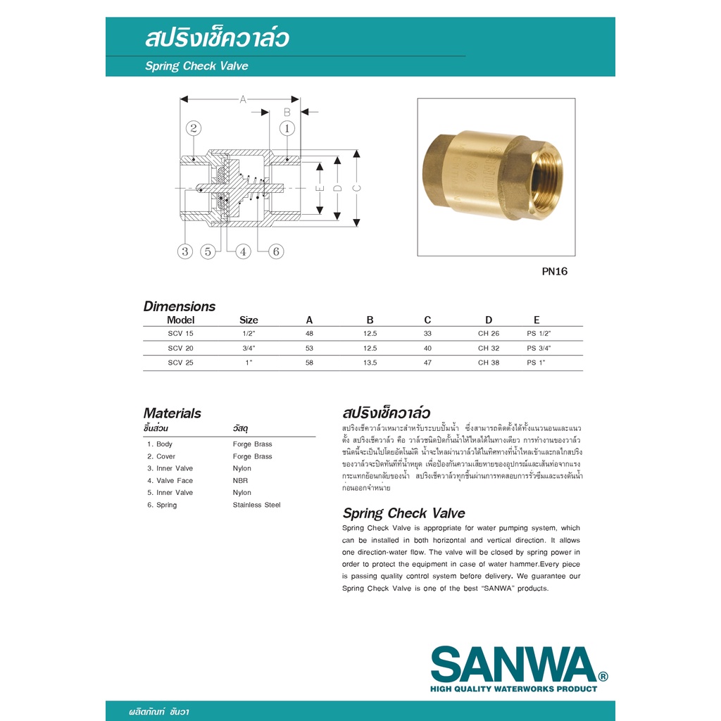 sanwa-เช็ควาล์ว-สปริงเช็ควาล์วทองเหลือง-ขนาด-1-2-3-4-1-ติดตั้งได้ทั้งแบบแนวตั้งและแนวนอน