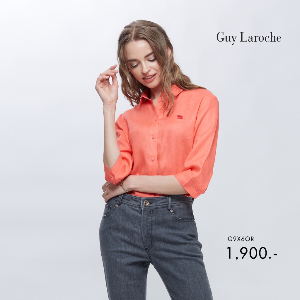 guy-laroche-เสื้อผู้หญิง-เสื้อเชิ้ตผู้-หญิง-เสื้อมีปก-แขนยาว-สีส้ม-linin-shirt-g9x6or