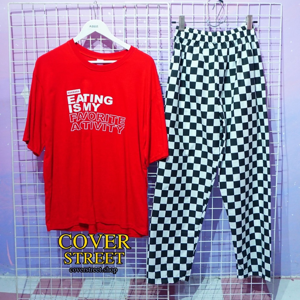 coverstreet-ส่งจากไทย-ชุดเซ็ตเสื้อ-กางเกงสกอต-ชุดสีแดง-ชุดเซ็ต-กางเกงสกอต-เสื้อยืดโอเวอร์ไซส์-กางเกงชิโน
