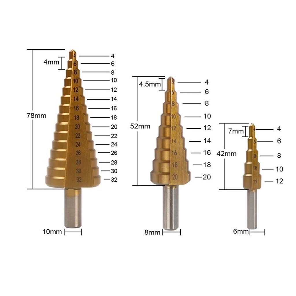 ดอกสเต็ป-ทรงเจดีย์-เจาะขยาย-คว้านรู-ขนาด-4-32-มม-step-drill-titanium-6-pcs-set