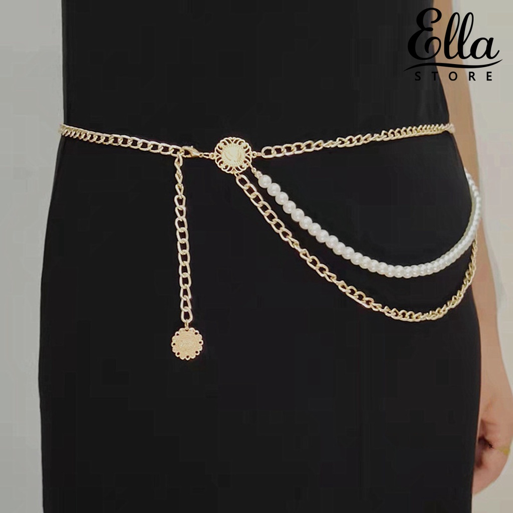 ellastore123-สายโซ่คล้องเอว-ประดับไข่มุกเทียม-หลายชั้น-ติดทนนาน-สไตล์วินเทจ-สําหรับผู้หญิง