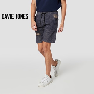 DAVIE JONES กางเกงขาสั้น ผู้ชาย เอวยางยืด สีกรม คาดหนัง Elasticated Shorts in navy SH0067NV