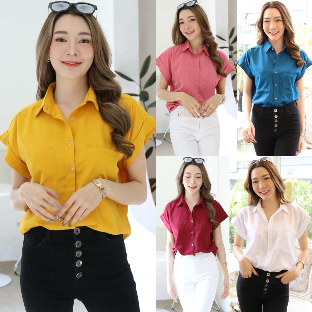 เสื้อคอปกมีกระดุม ️เรียกว่าเสื้อเชิ้ตแขนสั้นของคุณผู้หญิงก็ได้🔥สีพื้น ...